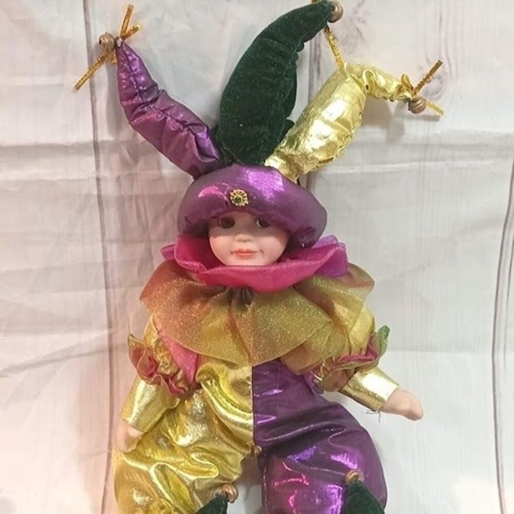 Vintage 10'' Mardi Gras Jester Doll with Porcelain Head Clown Figure FLAWED